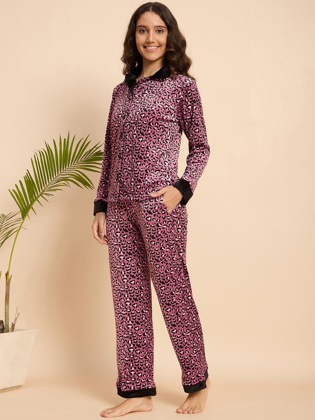 Pink Leopard Print Velour Front-Open Night Suit - KIZA