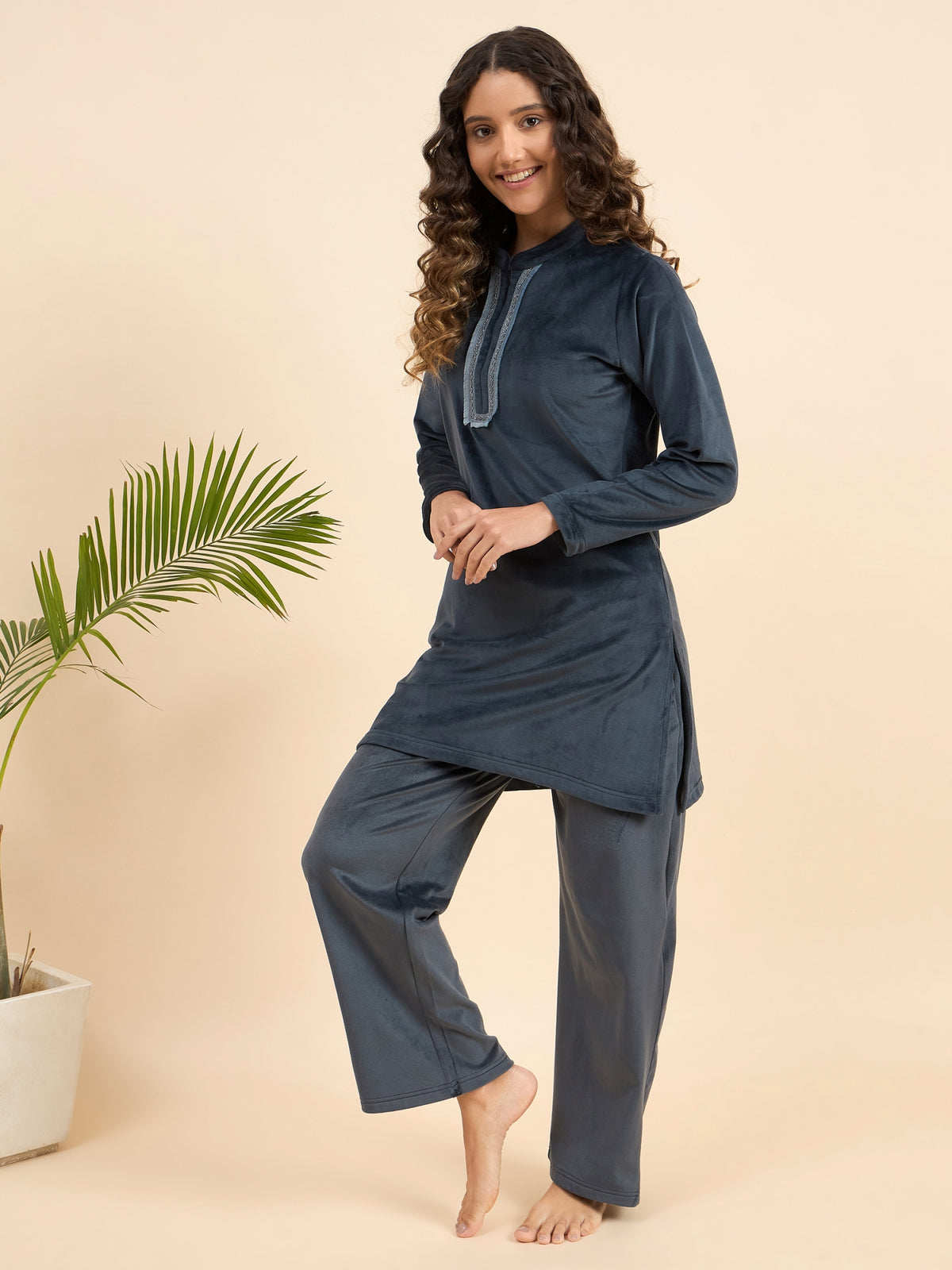 Charcoal Grey Embroidered Velour Kurta-Style Lounge Set - KIZA