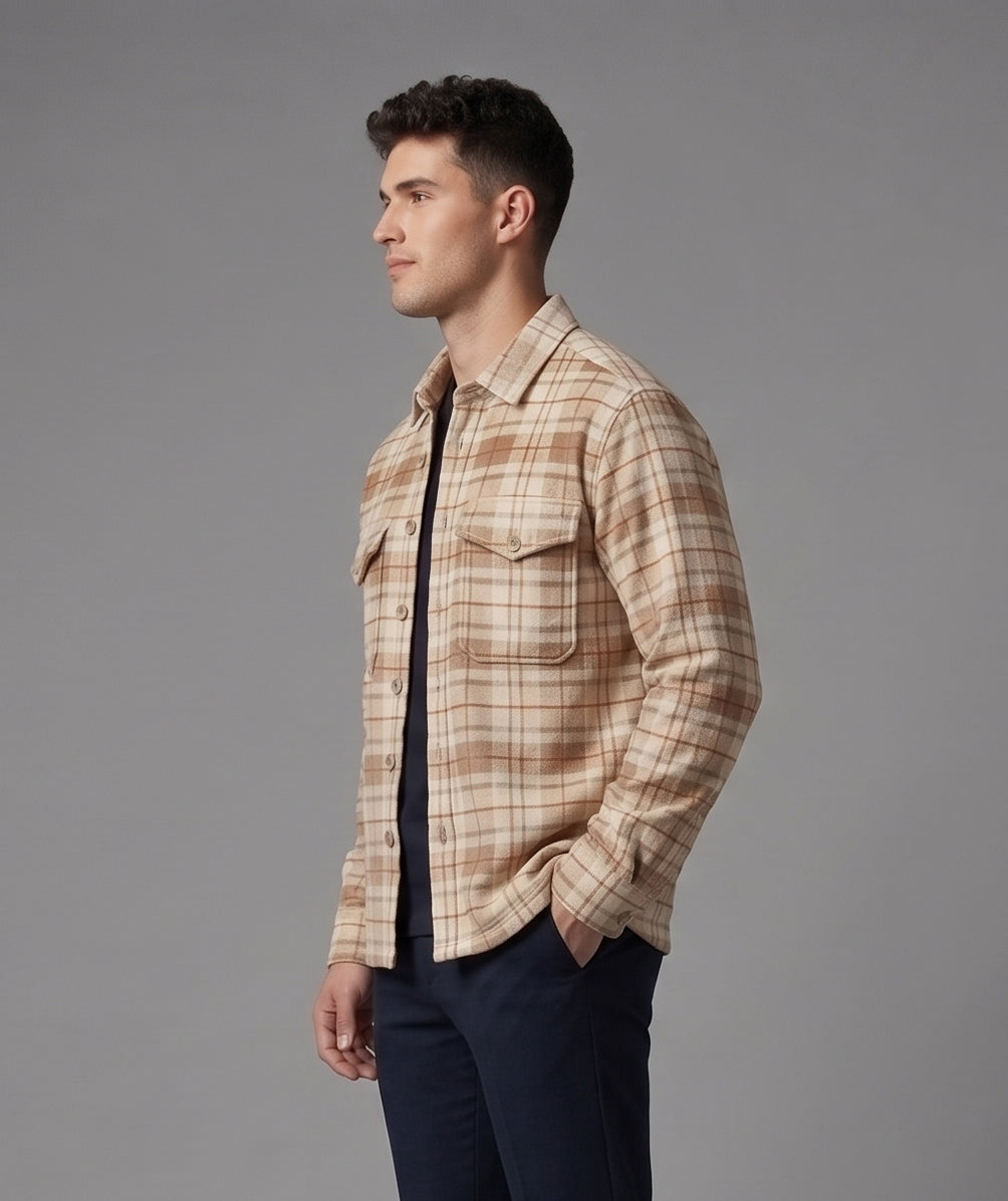 Men's Beige & Brown Plaid Flannel Shirt Jacket - KIZA
