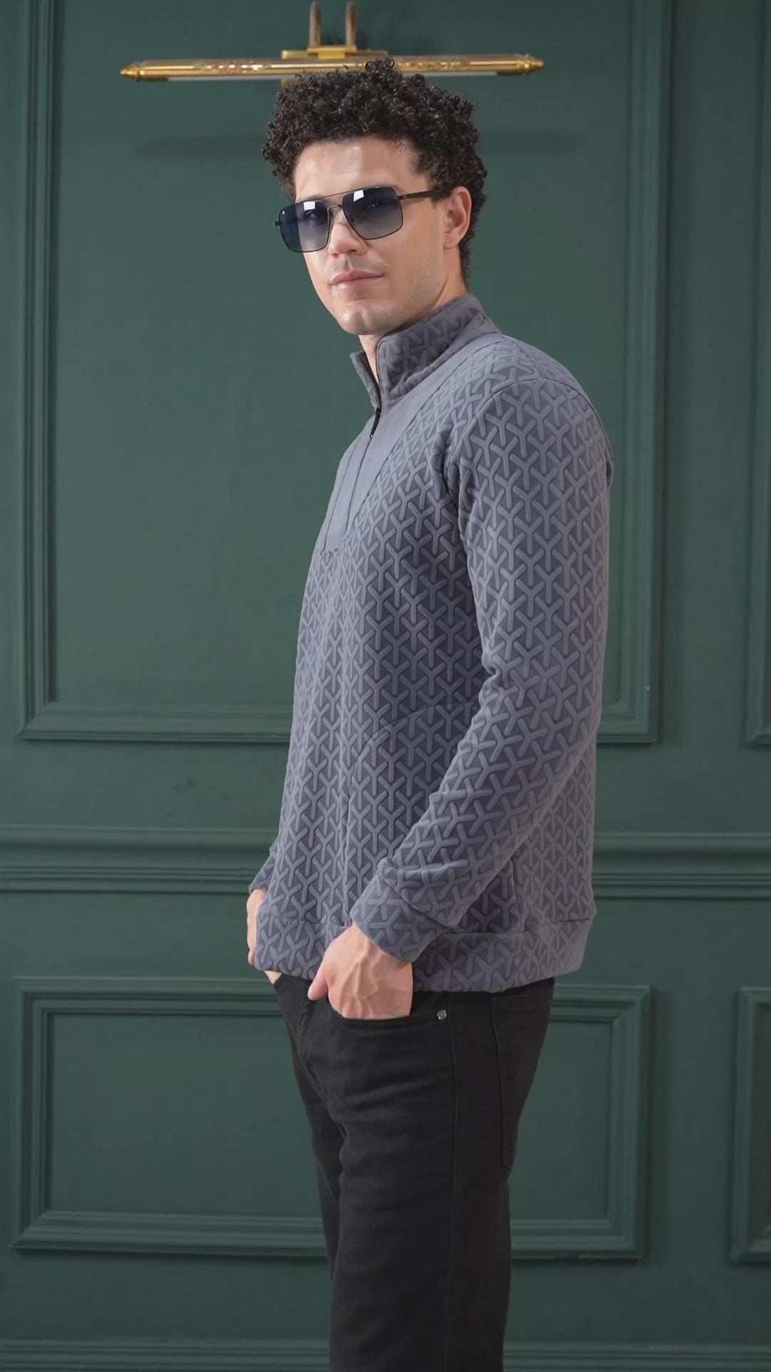 Men’s Blue Textured Shacket High-Neck Pullover