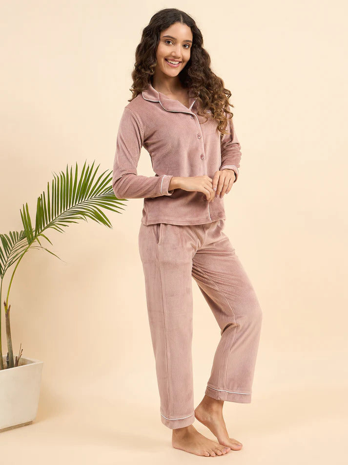 Dusty Pink Ribbed Velour Front-Open Shirt & Pants Set - KIZA