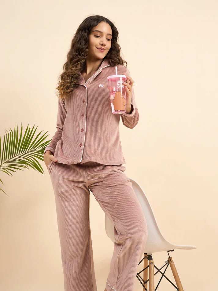 Dusty Pink Ribbed Velour Front-Open Shirt & Pants Set - KIZA