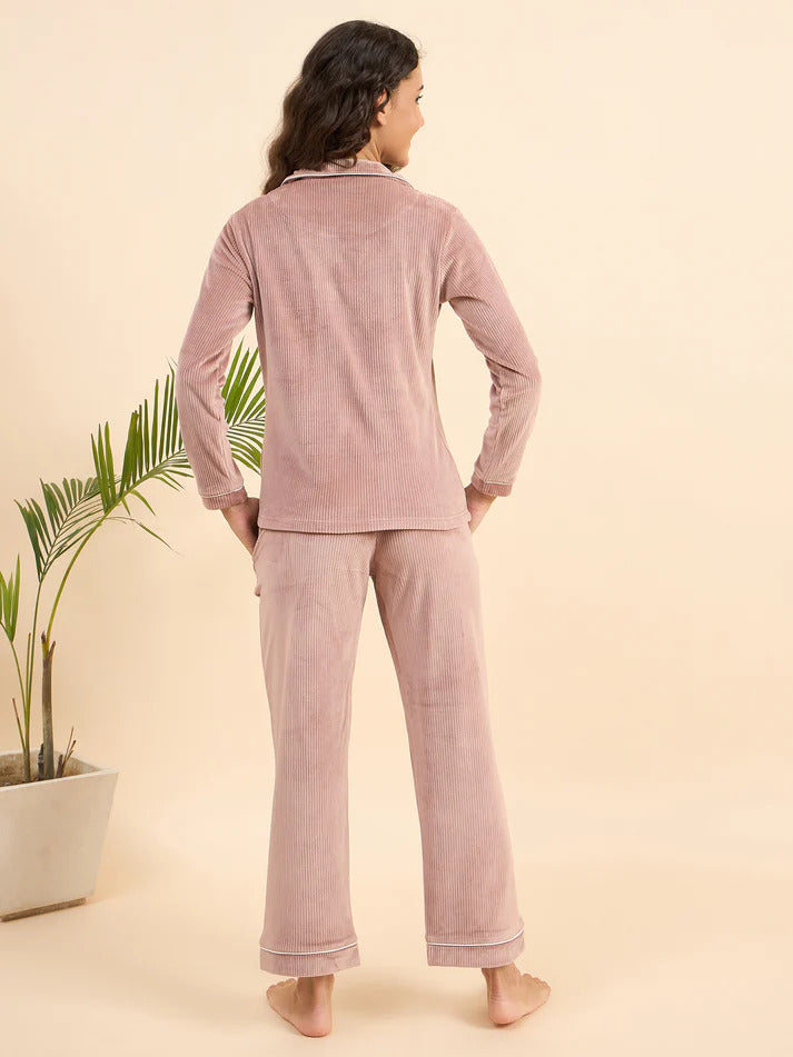Dusty Pink Ribbed Velour Front-Open Shirt & Pants Set - KIZA